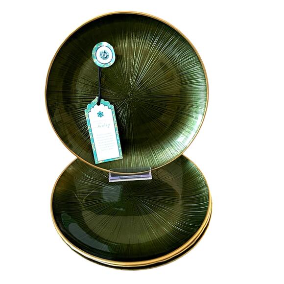 Gorgeous Green & Gold Turkish Glass Appetizer Dessert Plates 8in Set of 4 New - Picture 8 of 15